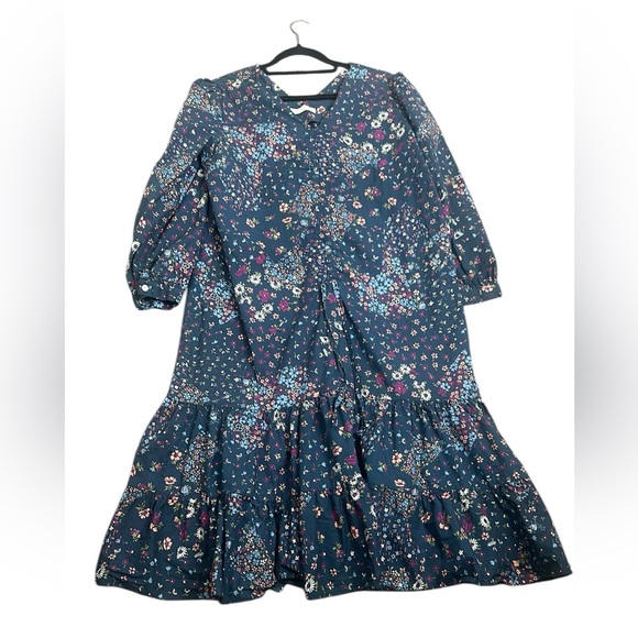 HERS Floral Print blue multi  tiered vneck midi Dress  sz 10 y2k cottage core - Picture 1 of 12